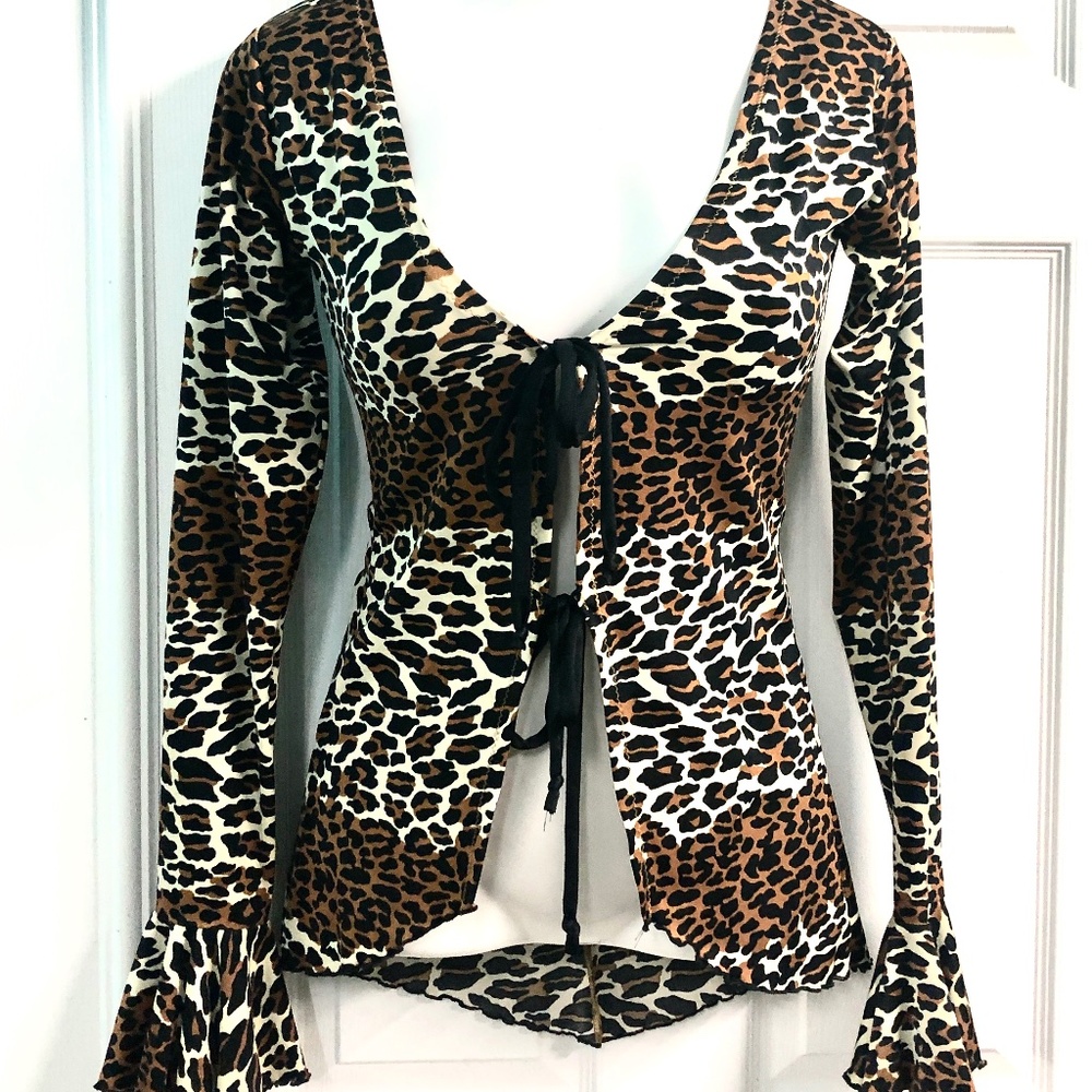 Y2K Sexy Bell Sleeve Leopard Spandex Tie Front Cover Up/Robe~Swim*Beach*Dance~M